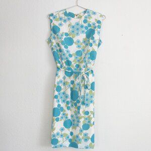 Vintage blue floral dress, sleeveless with tie waist, 60s